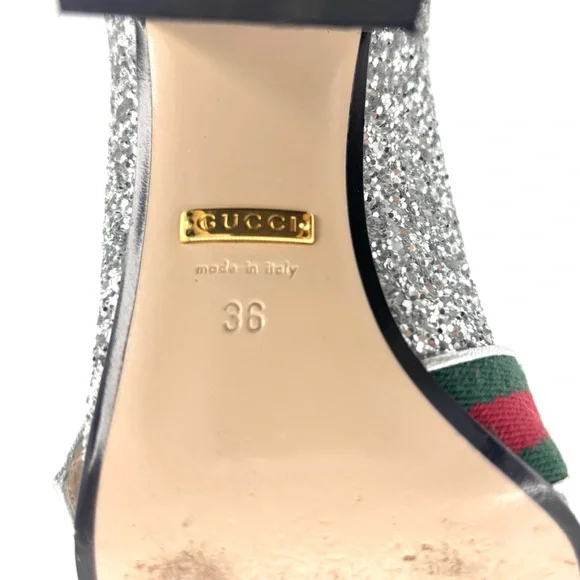 Gucci Web Stripe GG Peyton Silver Glitter Square Toe Platform Heeled Loafers 36 - Picture 9 of 10